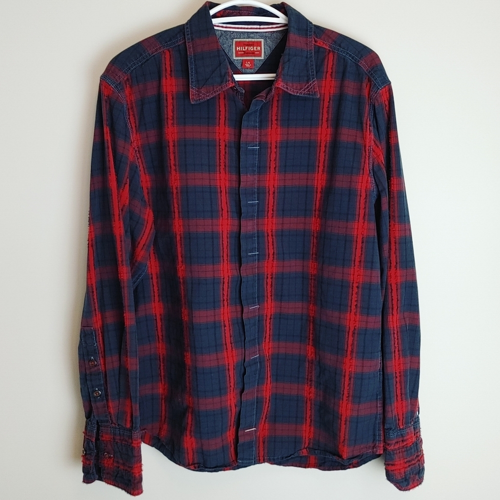 VTG Tommy Hilfiger Red & Blue Shirt with Large Logo on Back Long Sleeve